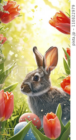 AI-generated content. Easter Bunny Amidst Spring Tulips and Painted Eggs AI-generated content. Easter Bunny Amidst Spring Tulips and Painted Eggs 110822979
