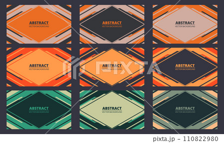 Colored set of 9 geometric abstract backgrounds with rhombus shapes and frames. Colored set of 9 geometric abstract backgrounds with rhombus shapes and frames. 110822980