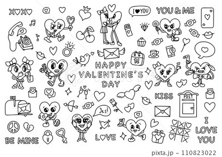 Trendy groovy valentines day sticker set. Retro valentines day. 70s 60s aesthetics. Vintage comic vector. Vector illustration 110823022