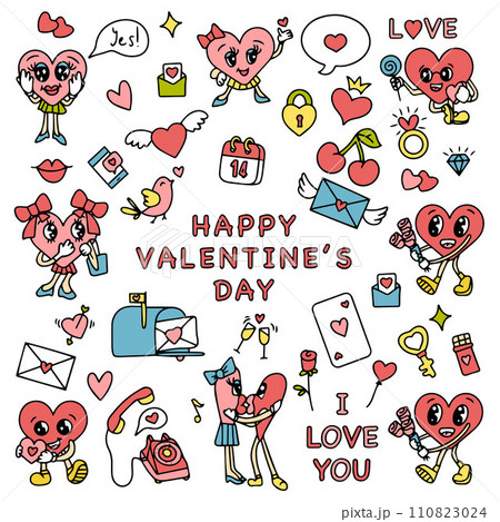 Trendy groovy valentines day sticker set. Retro valentines day. 70s 60s aesthetics. Vintage comic vector. Vector illustration 110823024