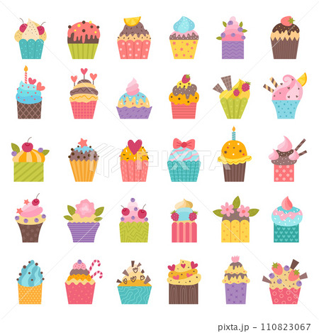 Muffins. Birthday cupcakes pastry recent vector stylized decorative illustrations Muffins. Birthday cupcakes pastry recent vector stylized decorative illustrations 110823067
