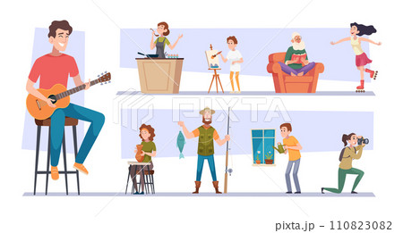 Hobbies. People reading drawing playing exact vector activities different hobbies Hobbies. People reading drawing playing exact vector activities different hobbies 110823082