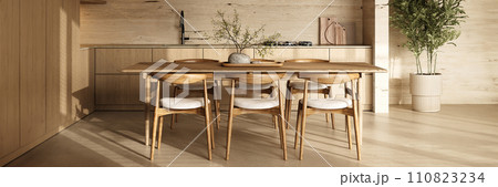 Modern wooden kitchen table set in a sunlit minimalist interior 110823234