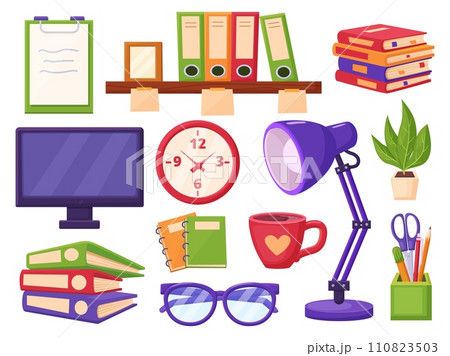 Cartoon workspace elements. Isolated books and paper folders, office clock and stationery holder. Cabinet or education tools, nowaday vector set 110823503