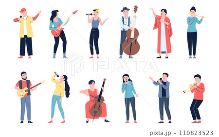 Singers and musicians. Music and performance industry workers, creative people play musical instruments and sing. Recent flat vector characters 110823523
