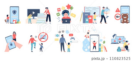 Parent digital control. Gadget free and low tech parenting and education. Kids internet content, limit screen time flat recent vector scenes 110823525