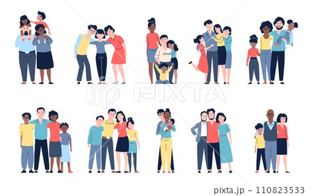Happy families flat characters. Traditional family various ages, mother, father and children. Toddlers and teenagers with parents, recent vector set 110823533