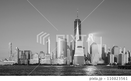 Black and white photo of Manhattan skyline at sunset, New York City, USA. Black and white photo of Manhattan skyline at sunset, New York City, USA. 110823561
