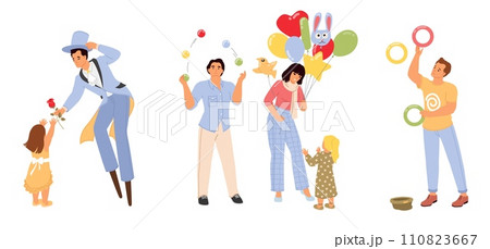 Stilt walker, balloon seller, juggler performing on street isolated set 110823667