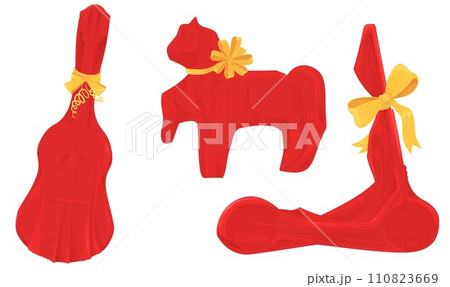 Different present wrapped in red paper with bow isolated set 110823669