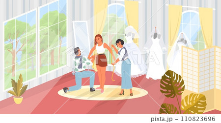 Team of tailor master taking measure of pretty bride for wedding dress Team of tailor master taking measure of pretty bride for wedding dress 110823696