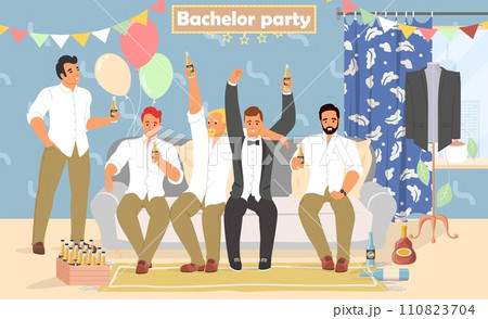 Bachelor party concept with happy male friends and groom Bachelor party concept with happy male friends and groom 110823704