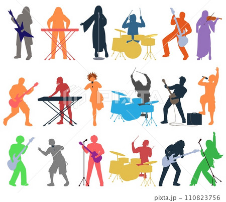 Punk or rock band people silhouette playing different musical instrument Punk or rock band people silhouette playing different musical instrument 110823756