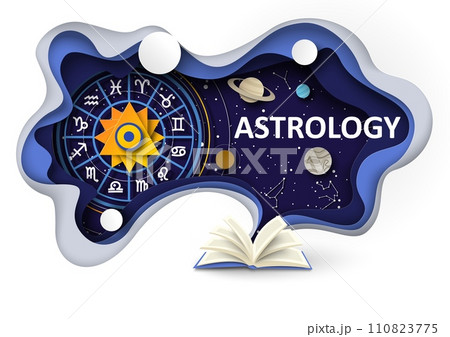 Astrology science banner with opened book and Zodiac signs 110823775