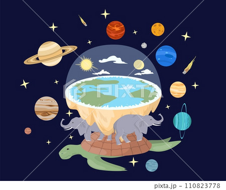 Ancient solar system with huge turtle, elephants holding planet Earth 110823778