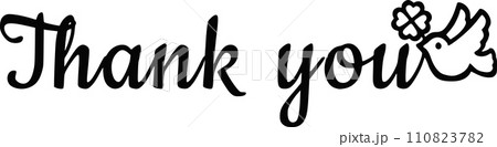 thank you と書かれた手書き文字のロゴ　鳩とクローバーのイラスト入りのデザイン文字 110823782