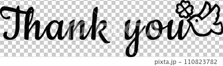 thank you と書かれた手書き文字のロゴ　鳩とクローバーのイラスト入りのデザイン文字 110823782