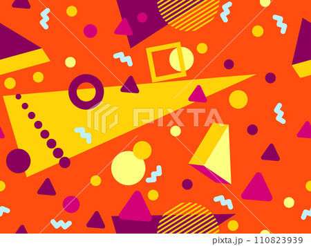 Memphis seamless pattern with 3d geometric shapes in 80s style. Colorful geometric pattern with isometric 3d shapes. Design of promotional products, wrapping paper and printing. Vector illustration 110823939