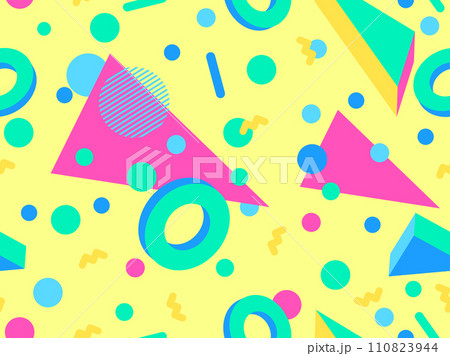 Memphis seamless pattern with 3d geometric shapes in 80s style. Colorful geometric pattern with isometric 3d shapes. Design of promotional products, wrapping paper and printing. Vector illustration Memphis seamless pattern with 3d geometric shapes in 80s style. Colorful geometric pattern with isometric 3d shapes. Design of promotional products, wrapping paper and printing. Vector illustration 110823944