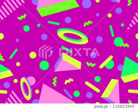 Memphis seamless pattern with 3d geometric shapes in 80s style. Colorful geometric pattern with isometric 3d shapes. Design of promotional products, wrapping paper and printing. Vector illustration Memphis seamless pattern with 3d geometric shapes in 80s style. Colorful geometric pattern with isometric 3d shapes. Design of promotional products, wrapping paper and printing. Vector illustration 110823945