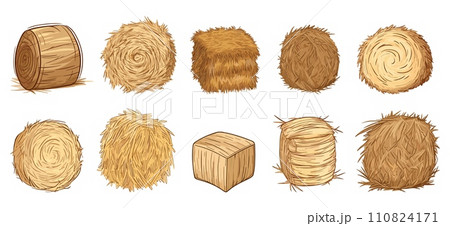 AI-generated content. Various hays, rustic landscape elements. Isolated hay cartoon sketch style, courtyard decoration objects. Agriculture, harvest time, vector collection 110824171