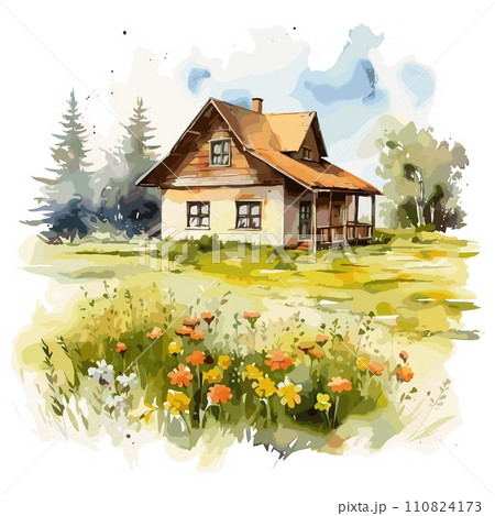 AI-generated content. Simple personal house in village. Floral meadow and family home, courtyard landscape watercolor sketch style. Vector graphic design 110824173