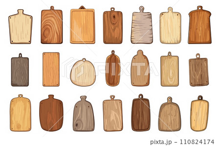 AI-generated content. Rustic wooden kitchen cutting boards. Isolated board, wood interior elements for cooking and food preparation. Household vector objects set 110824174