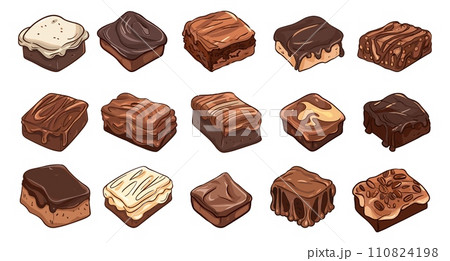 AI-generated content. Chocolate brownies collection. Different brownie isolated on white, with cocoa and white biscuits and liquid syrup. Tasty pastry vector objects AI-generated content. Chocolate brownies collection. Different brownie isolated on white, with cocoa and white biscuits and liquid syrup. Tasty pastry vector objects 110824198