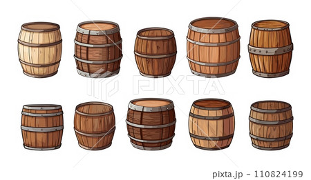 AI-generated content. Cartoon barrels sketch set. Barrel for beer or wine, isolated on white background. Winery or brewery equipment, vintage vector collection AI-generated content. Cartoon barrels sketch set. Barrel for beer or wine, isolated on white background. Winery or brewery equipment, vintage vector collection 110824199