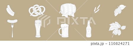 Pretzel, Beer, Hop and Sausage Hand Drawn Element Vector Set 110824271