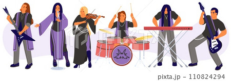 Heavy metal rock artist cartoon characters isolated set 110824294