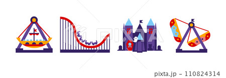 Amusement Park Attraction and Carousel as Festival Entertainment Vector Set 110824314