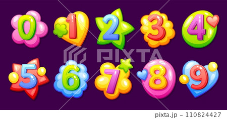 Childish cartoon numbers. Kid fun number font crazy numeric cute typography for baby age school children toy, numbered doodle english mathematic sign, neoteric vector illustration Childish cartoon numbers. Kid fun number font crazy numeric cute typography for baby age school children toy, numbered doodle english mathematic sign, neoteric vector illustration 110824427