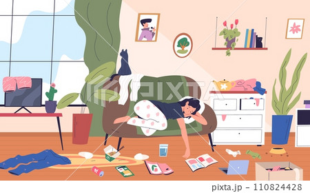 Lazy woman room. Apathetic sad girl relax lying on couch untidy apartment home disorder with dirty socks or trash, indifference women depression concept classy vector illustration Lazy woman room. Apathetic sad girl relax lying on couch untidy apartment home disorder with dirty socks or trash, indifference women depression concept classy vector illustration 110824428