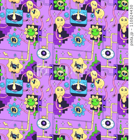 Trippy smiley pattern. Psychedelic seamless wallpaper, dope trip crazy smileys acid concept art background, smile cartoon face doodle abstract poster classy vector illustration Trippy smiley pattern. Psychedelic seamless wallpaper, dope trip crazy smileys acid concept art background, smile cartoon face doodle abstract poster classy vector illustration 110824430
