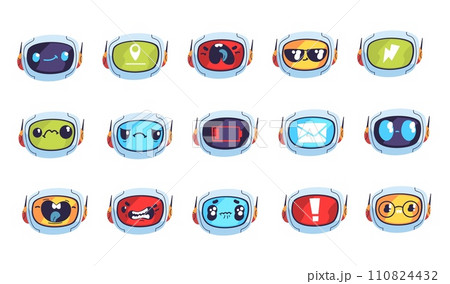 Robot emoji. Robots avatar expression, bot laughing face smile emotion computer eyes, cute emotional chatbot happy character, futuristic funny droid set classy vector illustration 110824432