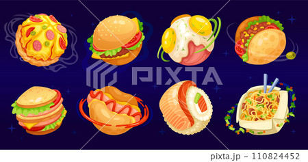 Cartoon food planets. Foods world concept, burger sushi fish pizza planet funny amuse ufo in delicious fantasy universe dream space tasty galaxy, game neoteric vector illustration Cartoon food planets. Foods world concept, burger sushi fish pizza planet funny amuse ufo in delicious fantasy universe dream space tasty galaxy, game neoteric vector illustration 110824452