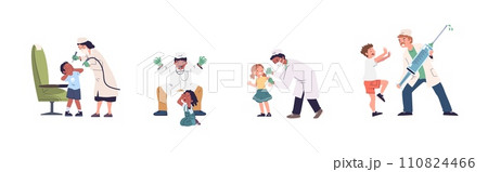 Children afraid doctor. Scared kids scape vaccine injection and dentist syringe needle, child patients stress childhood hospital fear Children afraid doctor. Scared kids scape vaccine injection and dentist syringe needle, child patients stress childhood hospital fear 110824466