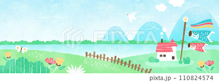 鯉のぼりが泳ぐ「こどもの日」の背景イラスト 自然あふれる水彩風景 110824574