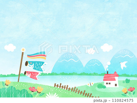 鯉のぼりが泳ぐ「こどもの日」の背景イラスト 自然あふれる水彩風景 110824575