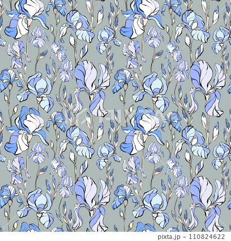Seamless pattern of stylized iris flowers on a grey background. Suitable for printing on fabric for women's clothing, silk scarves, stoles, posters,wallpapers, backgrounds, cards, napkins, totobag. 110824622
