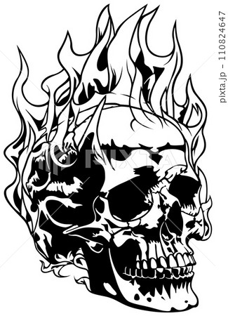 Drawing of Human Skull with Flames 110824647