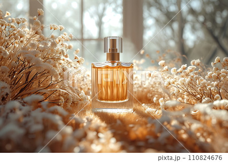Close-up of a perfume bottle without brand label Decorated with delicate dried flower petals bathed in soft sunlight. This evokes feelings of nostalgia and romance. Suitable for product advertising. 110824676