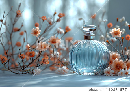 Close-up of a perfume bottle without brand label Decorated with delicate dried flower petals bathed in soft sunlight. This evokes feelings of nostalgia and romance. Suitable for product advertising. 110824677