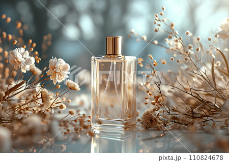 Close-up of a perfume bottle without brand label Decorated with delicate dried flower petals bathed in soft sunlight. This evokes feelings of nostalgia and romance. Suitable for product advertising. 110824678