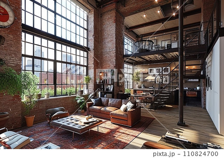 AI-generated content. A loft apartment, open space with few interior walls, hight cellings exposed brick and concerete, large windows 110824700
