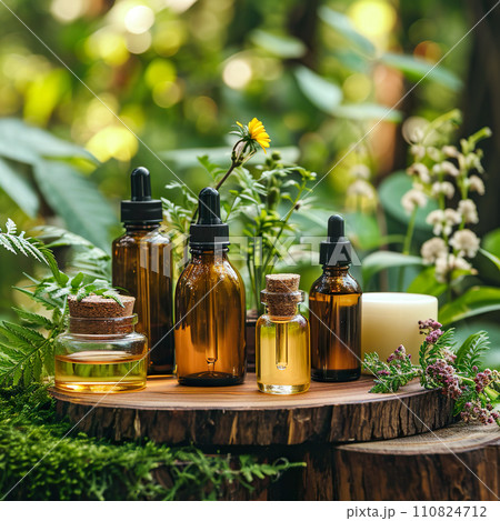AI-generated content. Alternative medicine.Endobiogenics, new look at medicine,bottle of essential oil with herbs on green background.Close up 110824712