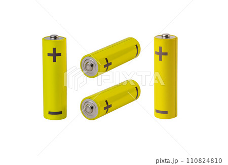 AA batteries composition. Yellow cylinders isolated on white 110824810