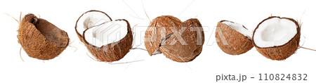 Coconuts set. Halved pieces, cross-section of coco nut fruit with brown shell isolated on white Coconuts set. Halved pieces, cross-section of coco nut fruit with brown shell isolated on white 110824832