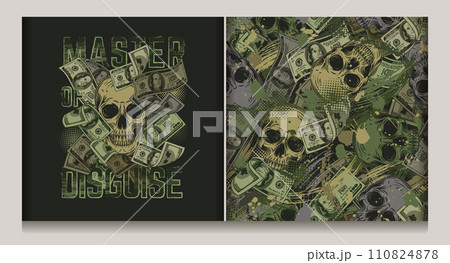 Green khaki grunge camouflage label, seamless pattern with human skull among falling 100 dollar bills, halftone shapes, text Master of Disguise. Good for apparel, textile, sport goods design. Not AI Green khaki grunge camouflage label, seamless pattern with human skull among falling 100 dollar bills, halftone shapes, text Master of Disguise. Good for apparel, textile, sport goods design. Not AI 110824878